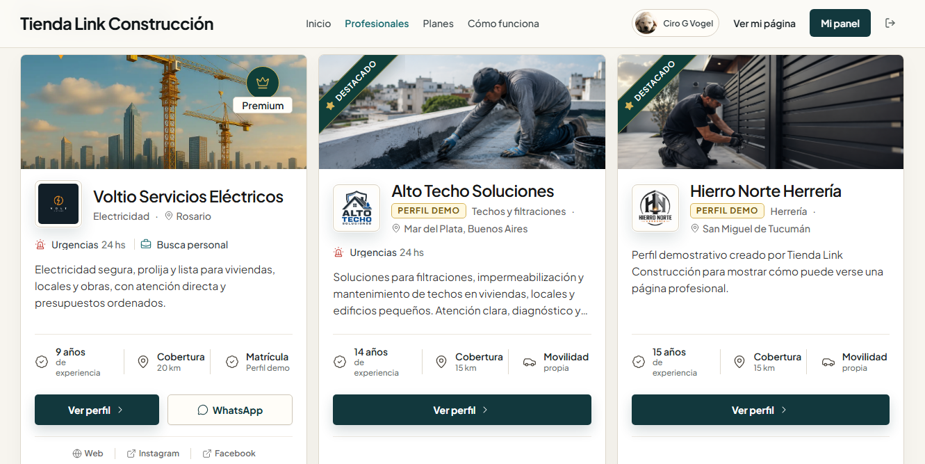 Directorio Tienda Link Construcción con perfiles de oficios