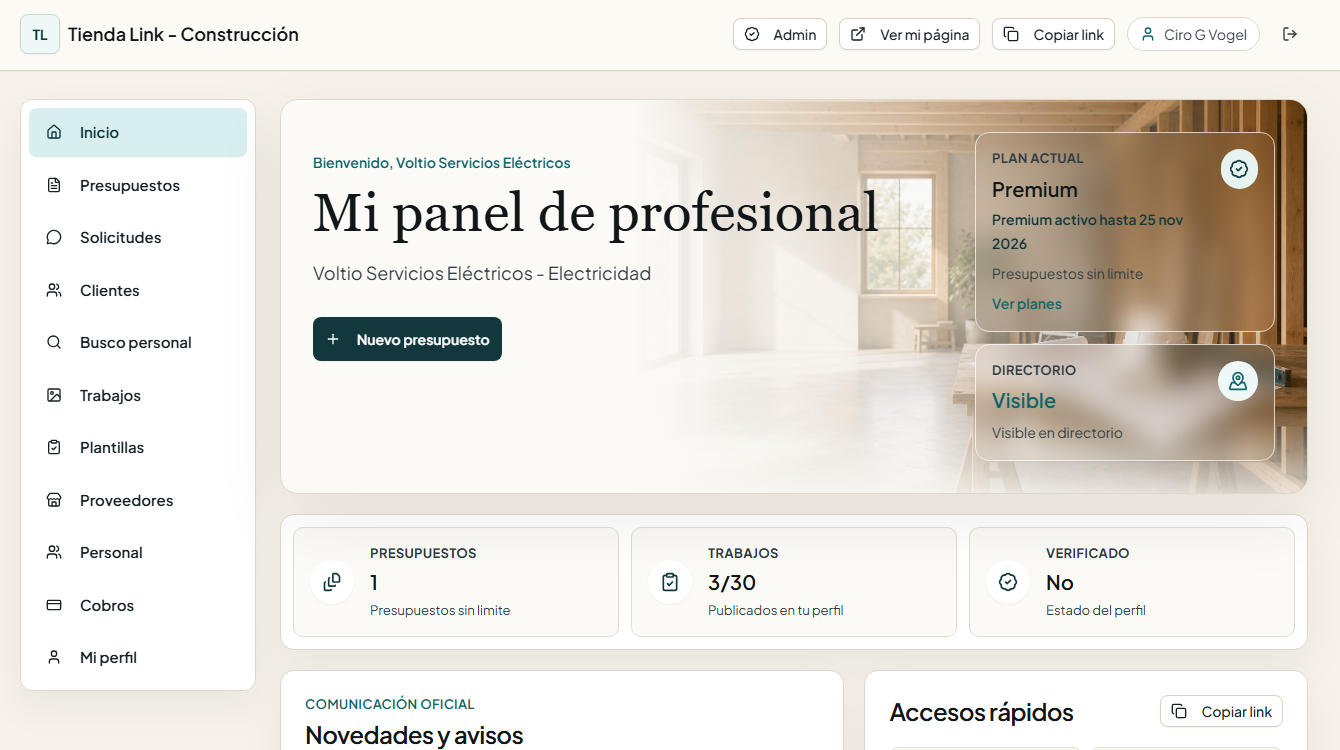 Panel de Tienda Link Construcción