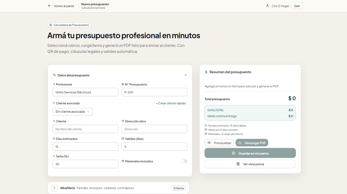 Herramienta de presupuestos en Tienda Link Construcción